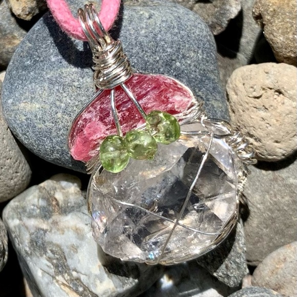 Rhodocrosite, Herkimer Diamond & Peridot Necklace - Picture 10 of 13